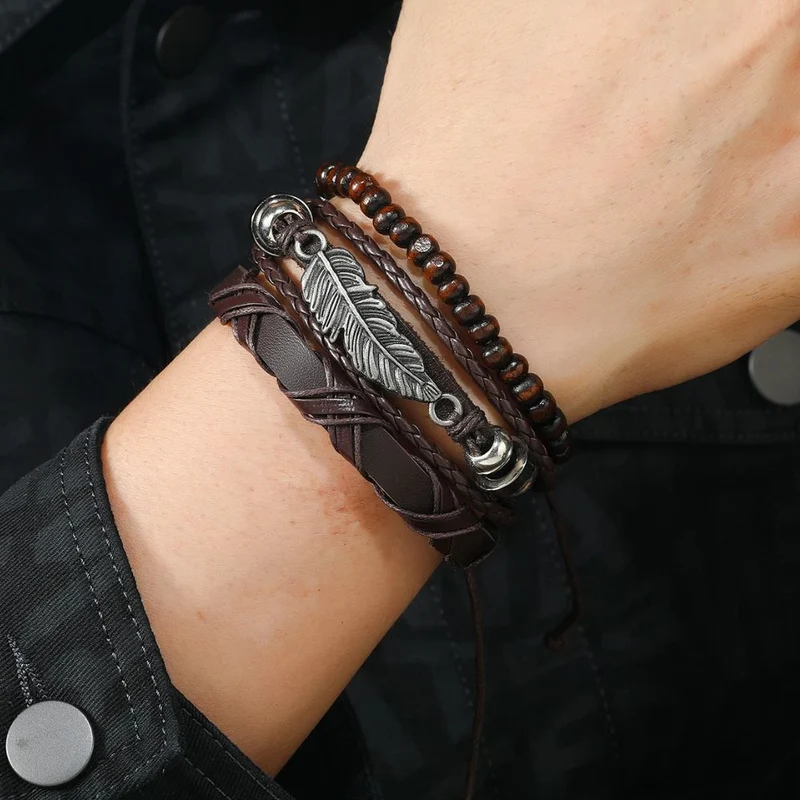 Bracelet Plume Cuir Marron