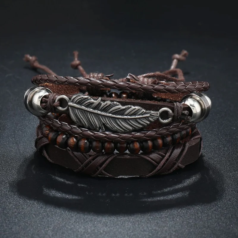 Bracelet Plume Cuir Marron