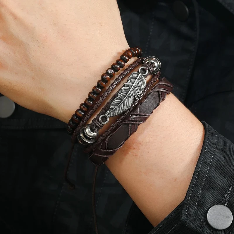 Bracelet Plume Cuir Marron
