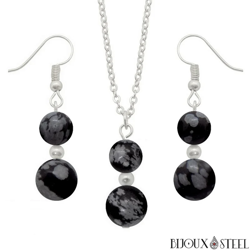 Parure obsidienne flocon de neige en pierre naturelle et acier inoxydable