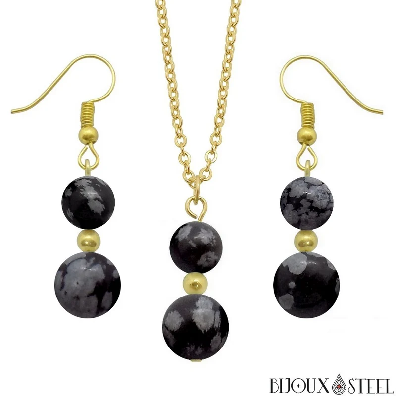 Parure obsidienne flocon de neige en pierre naturelle et acier inoxydable