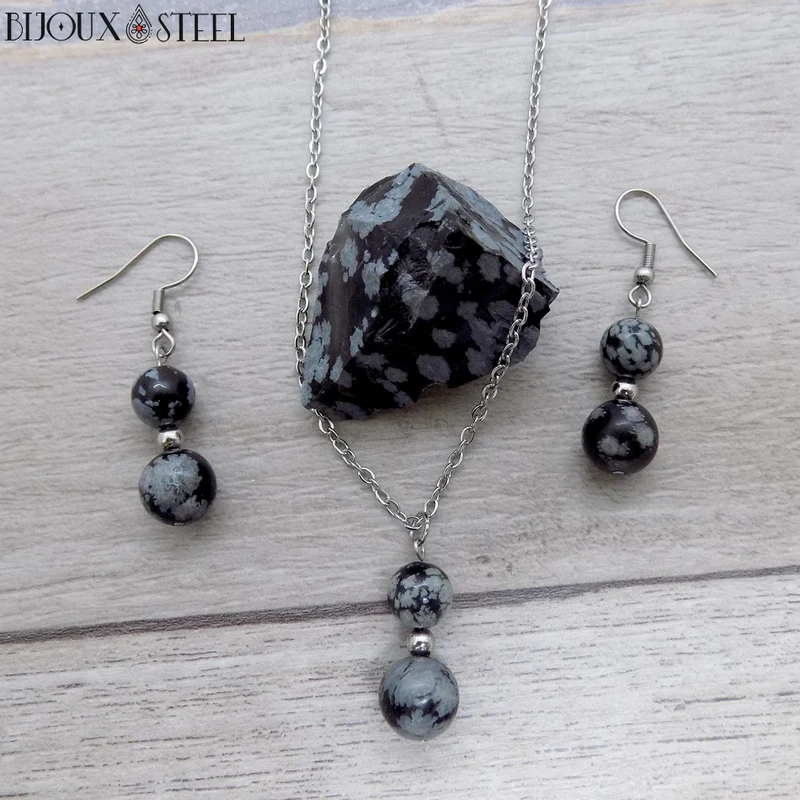 Parure obsidienne flocon de neige en pierre naturelle et acier inoxydable
