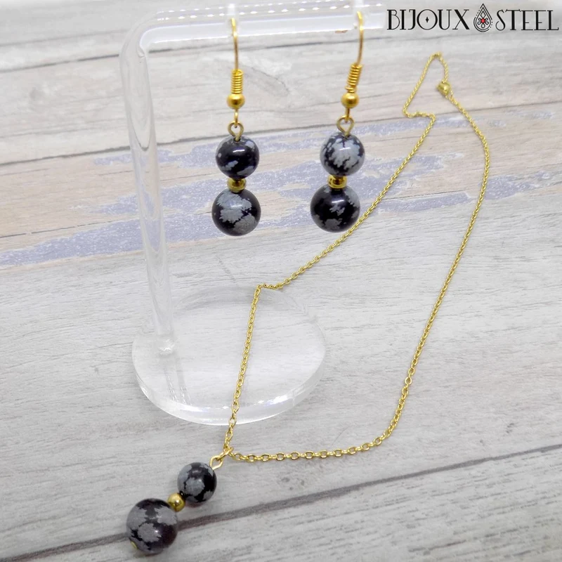 Parure obsidienne flocon de neige en pierre naturelle et acier inoxydable