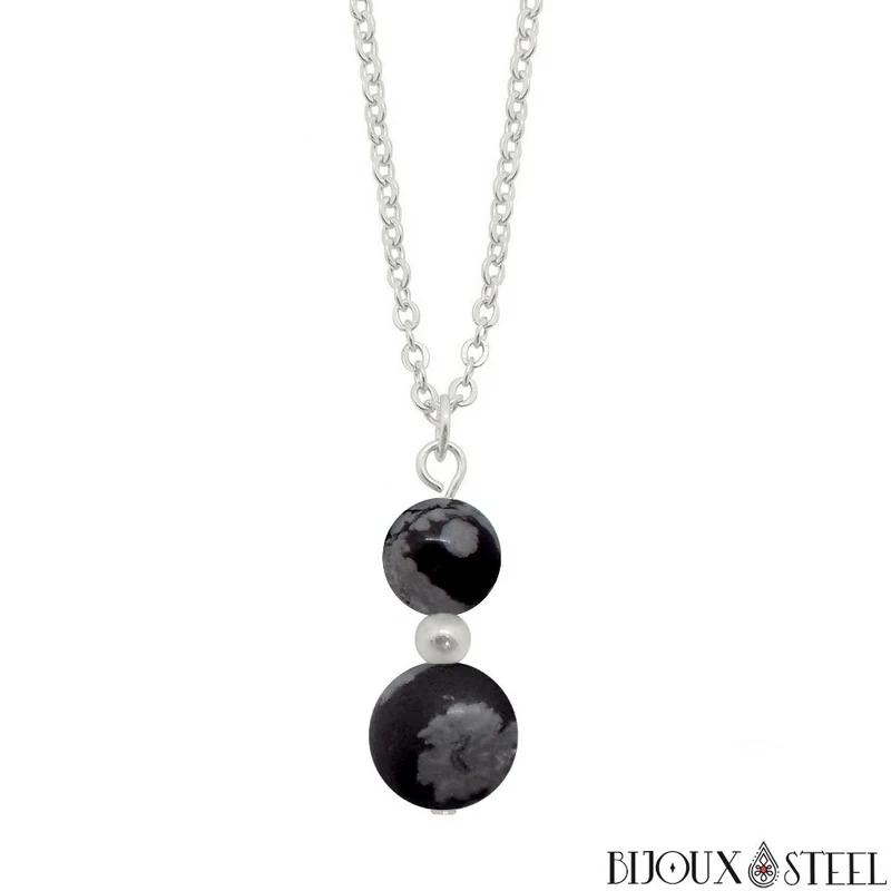 Collier à pendentif deux perles en pierre d'obsidienne flocon de neige