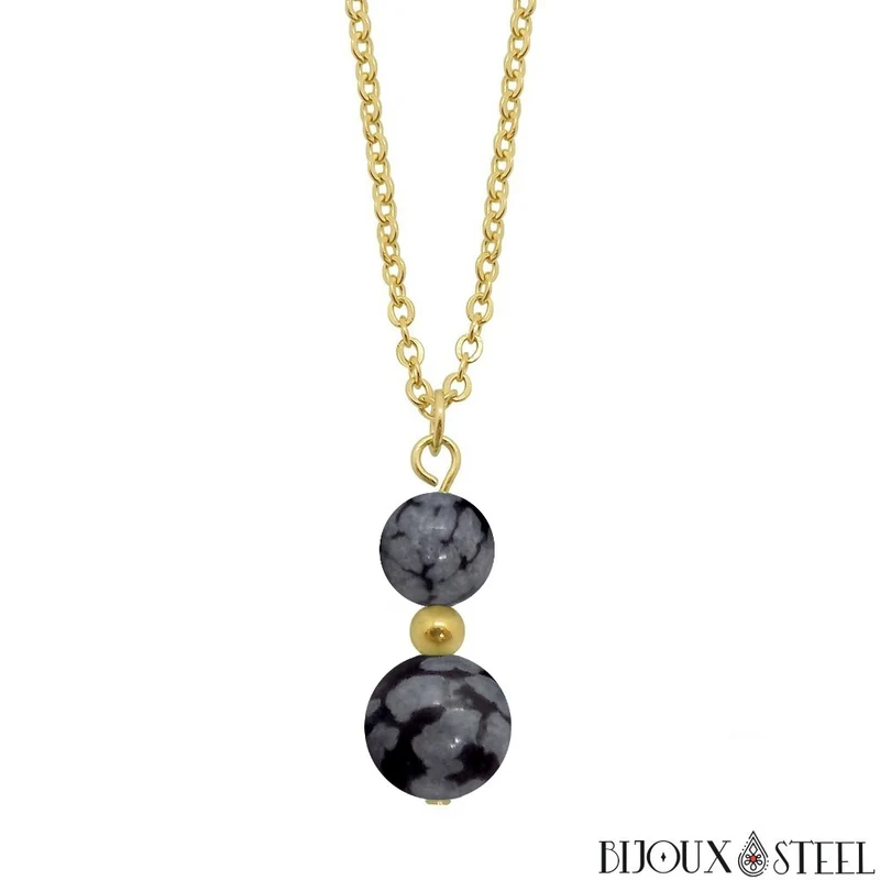 Collier à pendentif deux perles en pierre d'obsidienne flocon de neige
