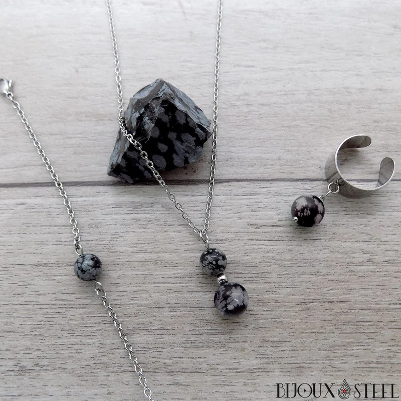Collier à pendentif deux perles en pierre d'obsidienne flocon de neige