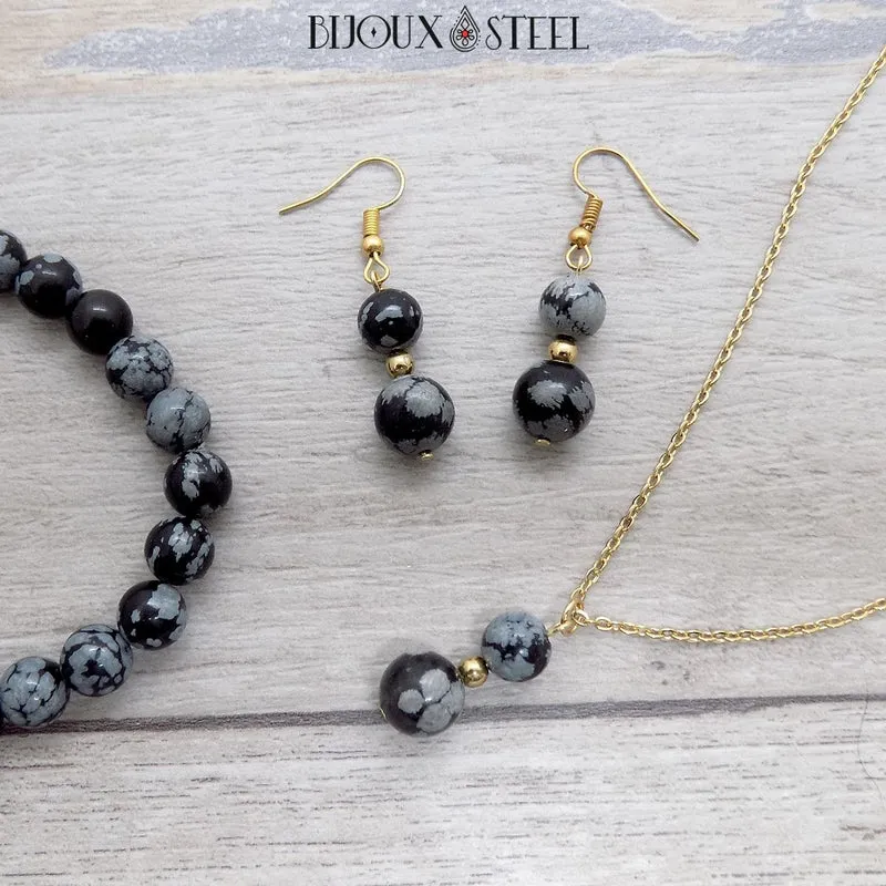 Collier à pendentif deux perles en pierre d'obsidienne flocon de neige