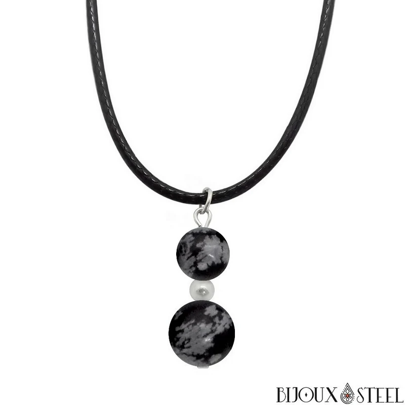 Collier à pendentif deux perles en pierre d'obsidienne flocon de neige