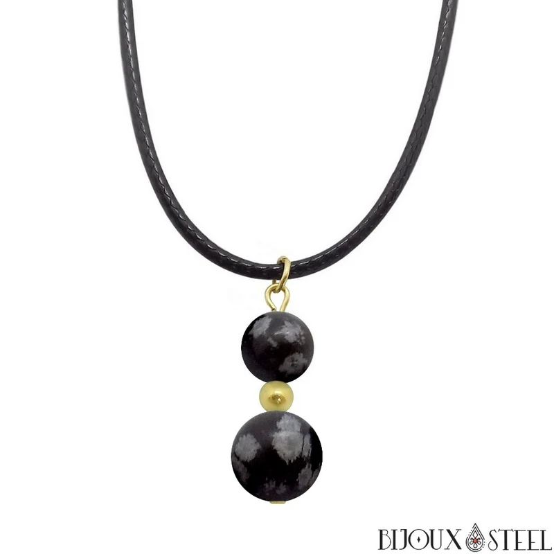 Collier à pendentif deux perles en pierre d'obsidienne flocon de neige