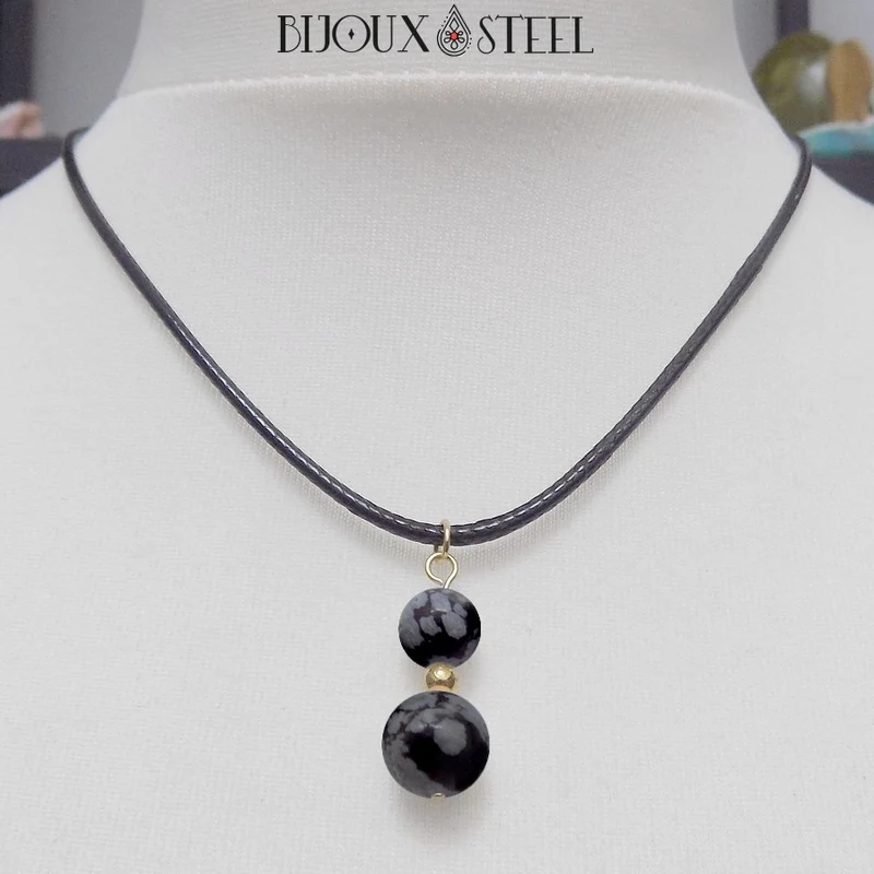 Collier à pendentif deux perles en pierre d'obsidienne flocon de neige