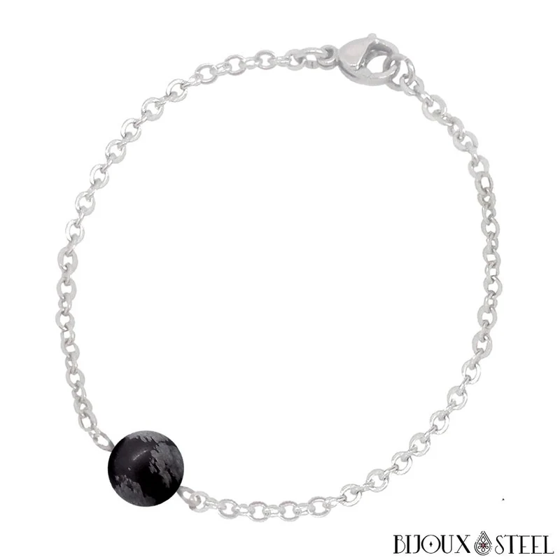 Bracelet à perle d'obsidienne flocon de neige en acier inoxydable