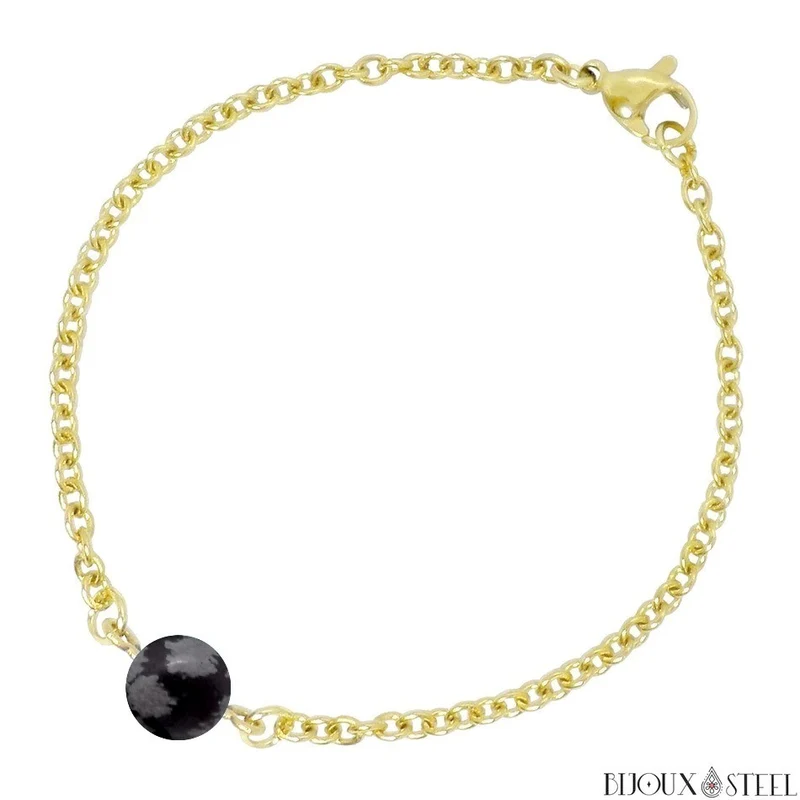 Bracelet à perle d'obsidienne flocon de neige en acier inoxydable