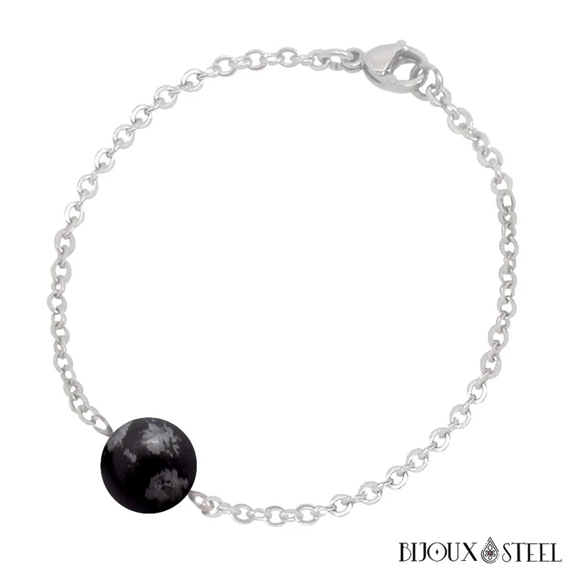 Bracelet à perle d'obsidienne flocon de neige en acier inoxydable