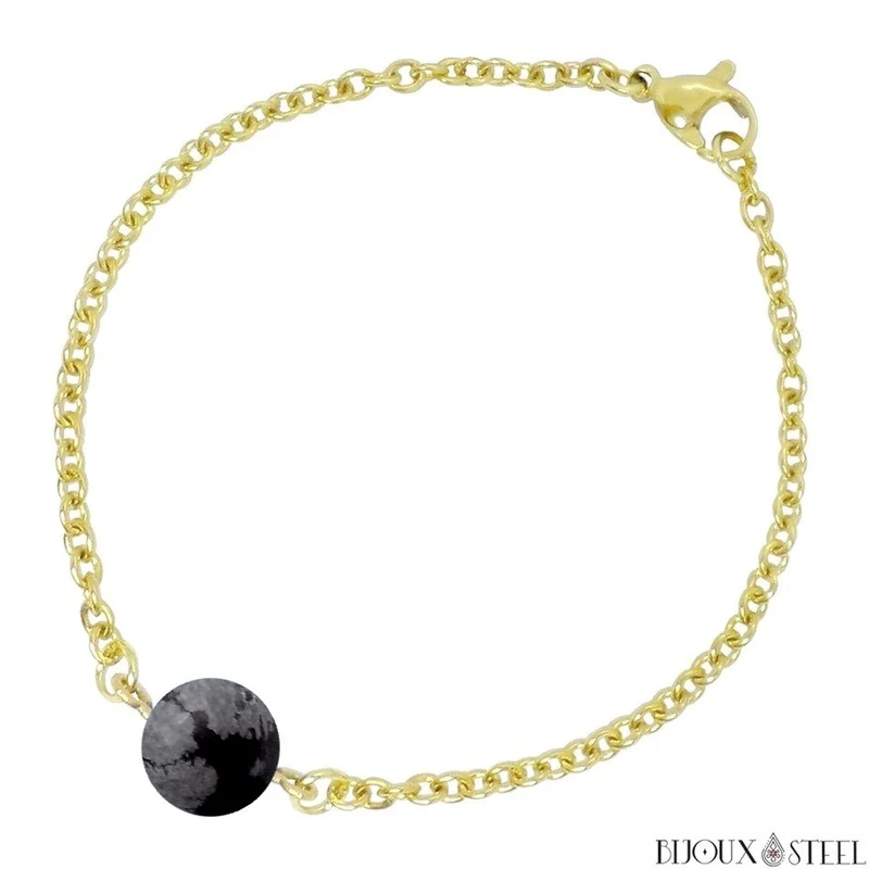Bracelet à perle d'obsidienne flocon de neige en acier inoxydable
