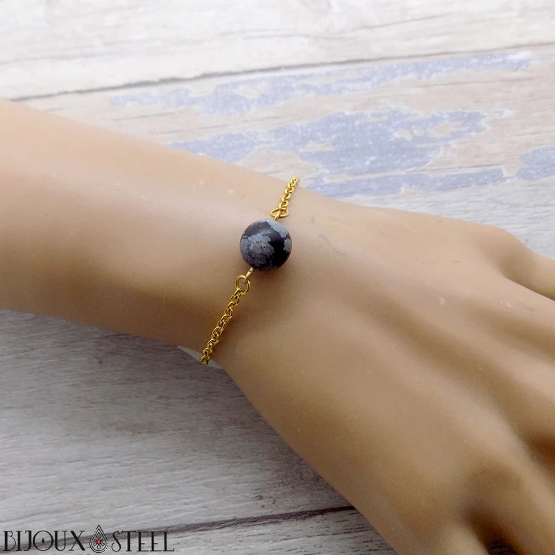 Bracelet à perle d'obsidienne flocon de neige en acier inoxydable