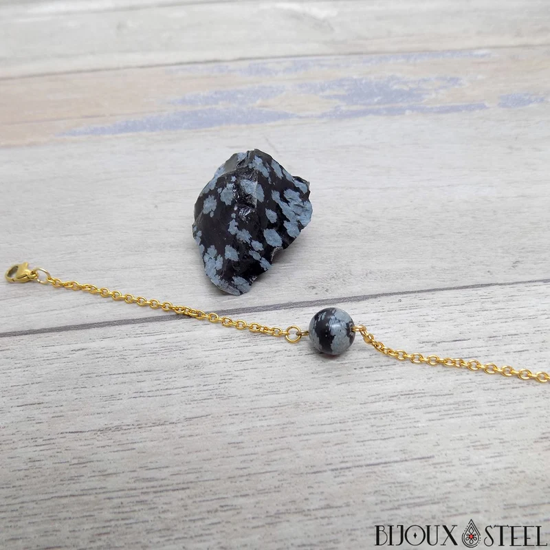 Bracelet à perle d'obsidienne flocon de neige en acier inoxydable