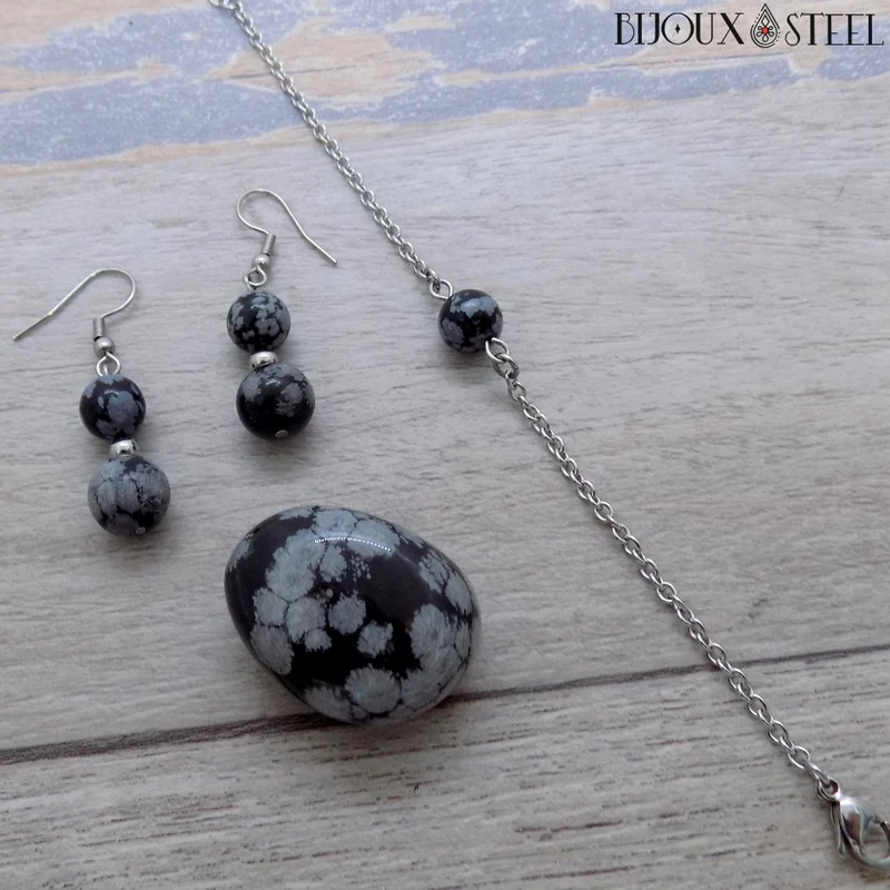 Bracelet à perle d'obsidienne flocon de neige en acier inoxydable