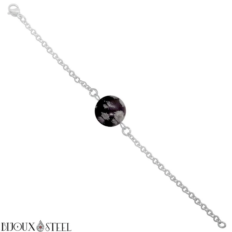 Bracelet à perle d'obsidienne flocon de neige en acier inoxydable