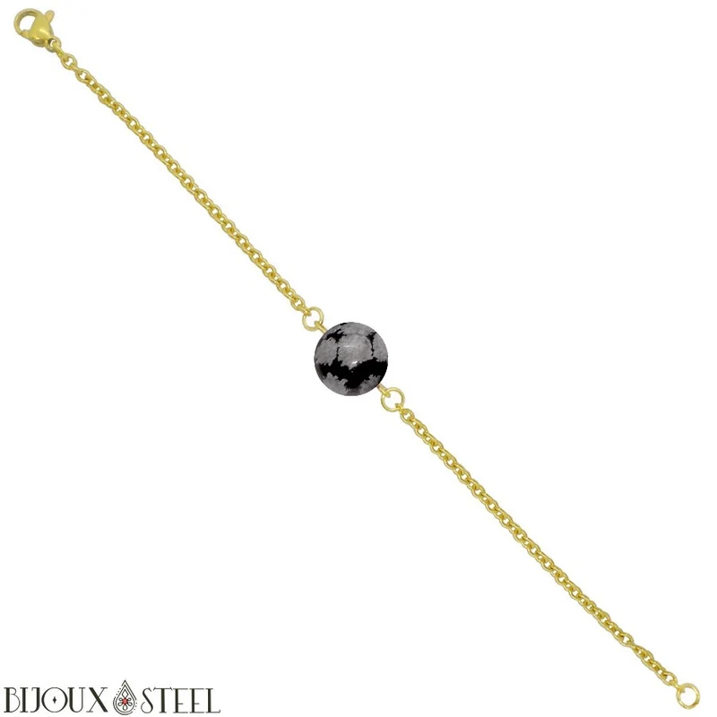 Bracelet à perle d'obsidienne flocon de neige en acier inoxydable