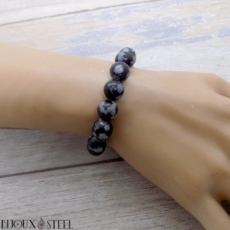 Bracelet en perles d'obsidienne flocon de neige 10mm
