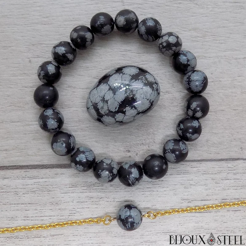 Bracelet en perles d'obsidienne flocon de neige 10mm
