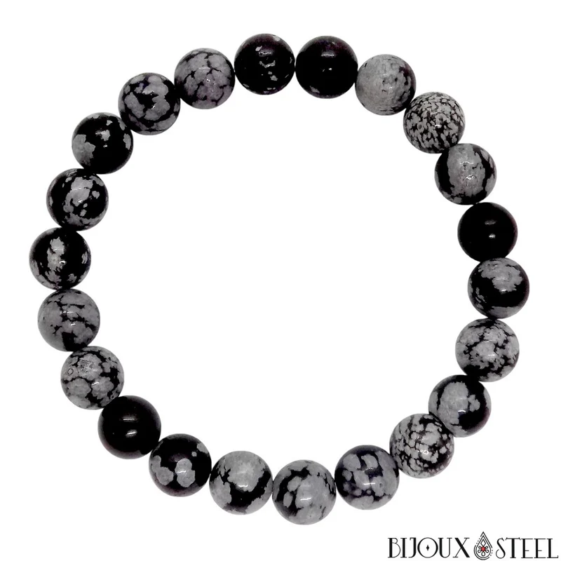 Bracelet en perles d'obsidienne flocon de neige 8mm