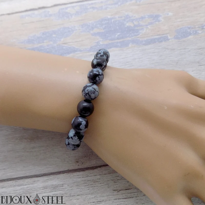 Bracelet en perles d'obsidienne flocon de neige 8mm