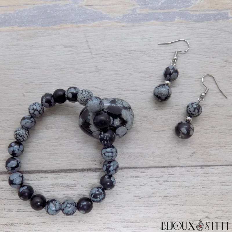 Bracelet en perles d'obsidienne flocon de neige 8mm
