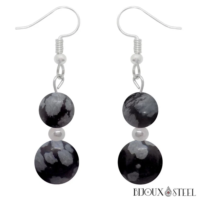 Boucles d'oreilles pendantes doubles perles d'obsidienne neige