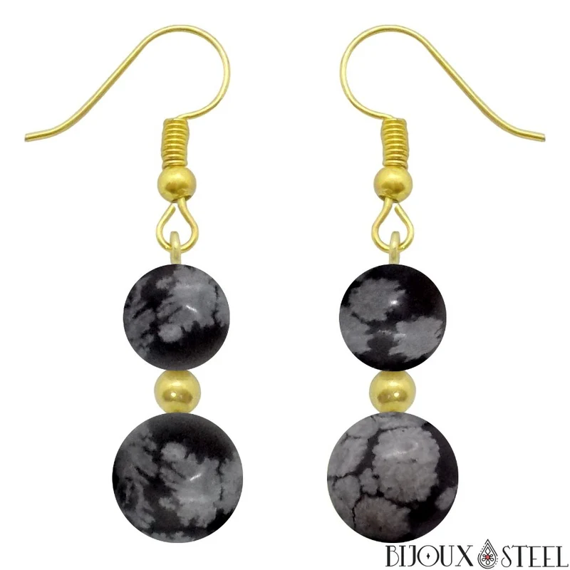 Boucles d'oreilles pendantes doubles perles d'obsidienne neige