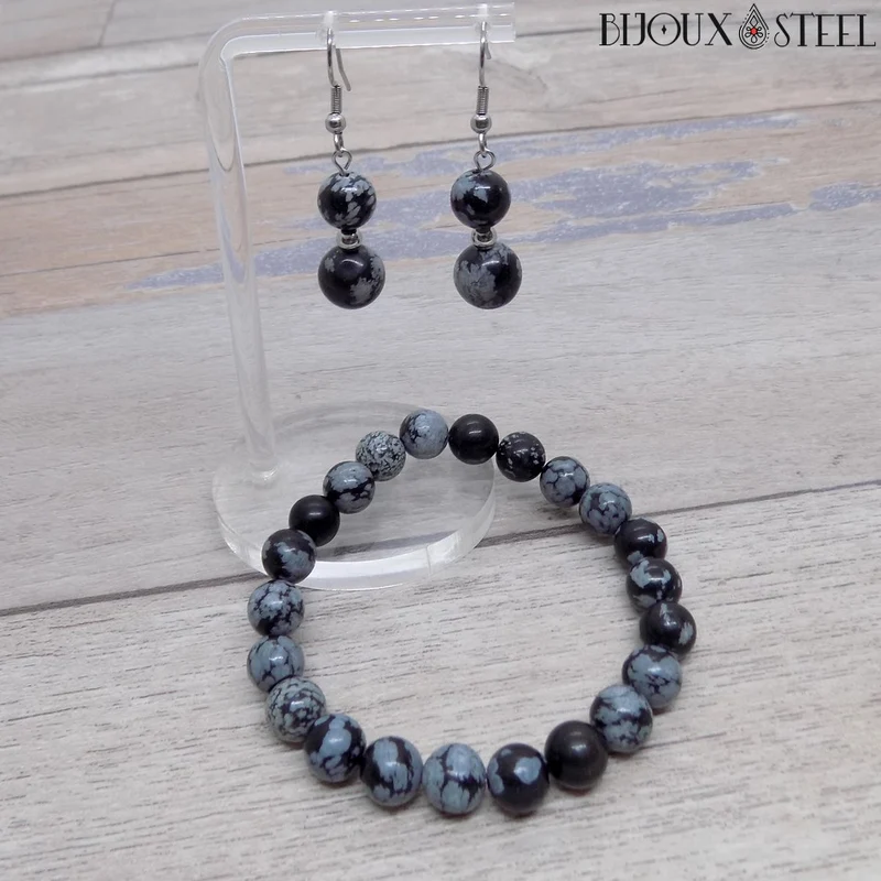 Boucles d'oreilles pendantes doubles perles d'obsidienne neige