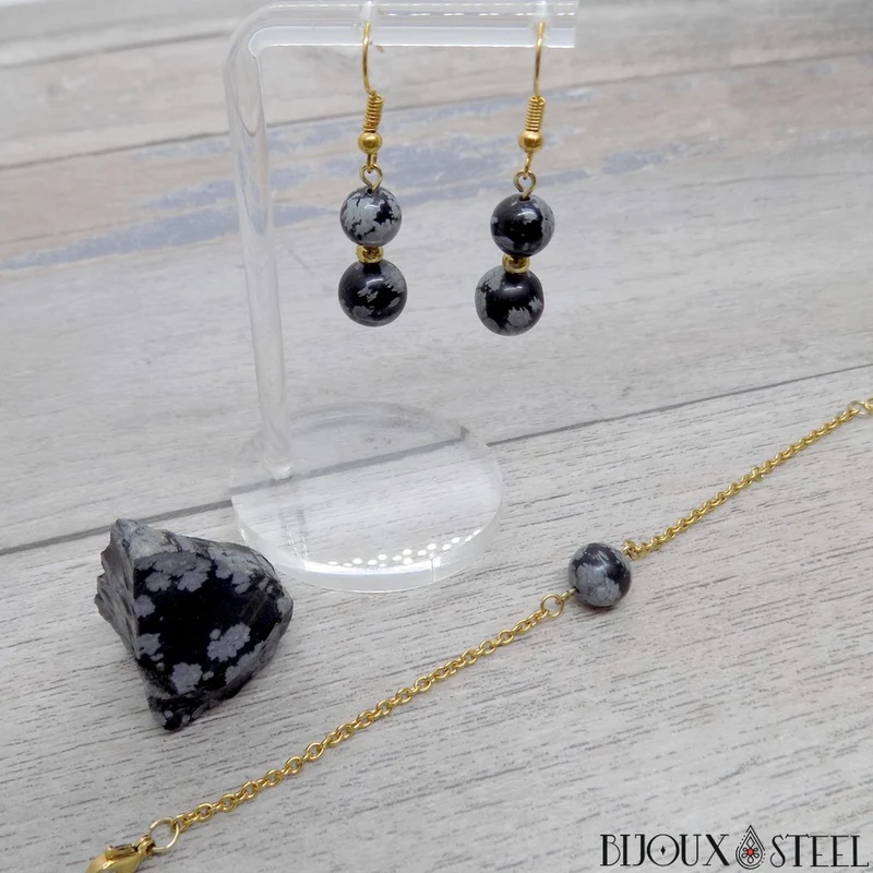 Boucles d'oreilles pendantes doubles perles d'obsidienne neige