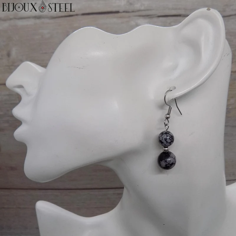 Boucles d'oreilles pendantes doubles perles d'obsidienne neige