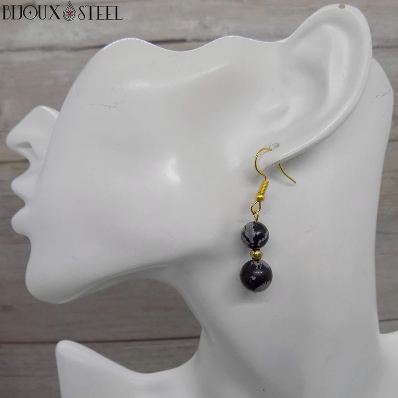 Boucles d'oreilles pendantes doubles perles d'obsidienne neige