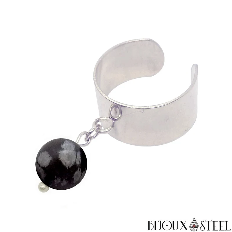 Bague large ajustable à perle d'obsidienne flocon de neige