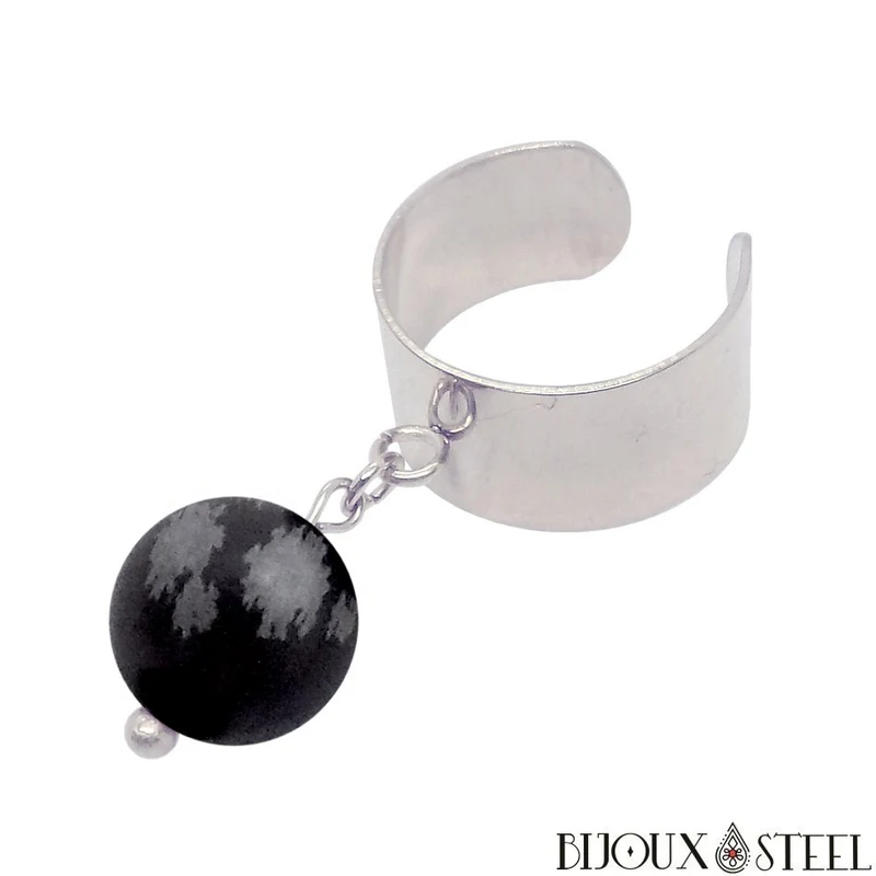 Bague large ajustable à perle d'obsidienne flocon de neige