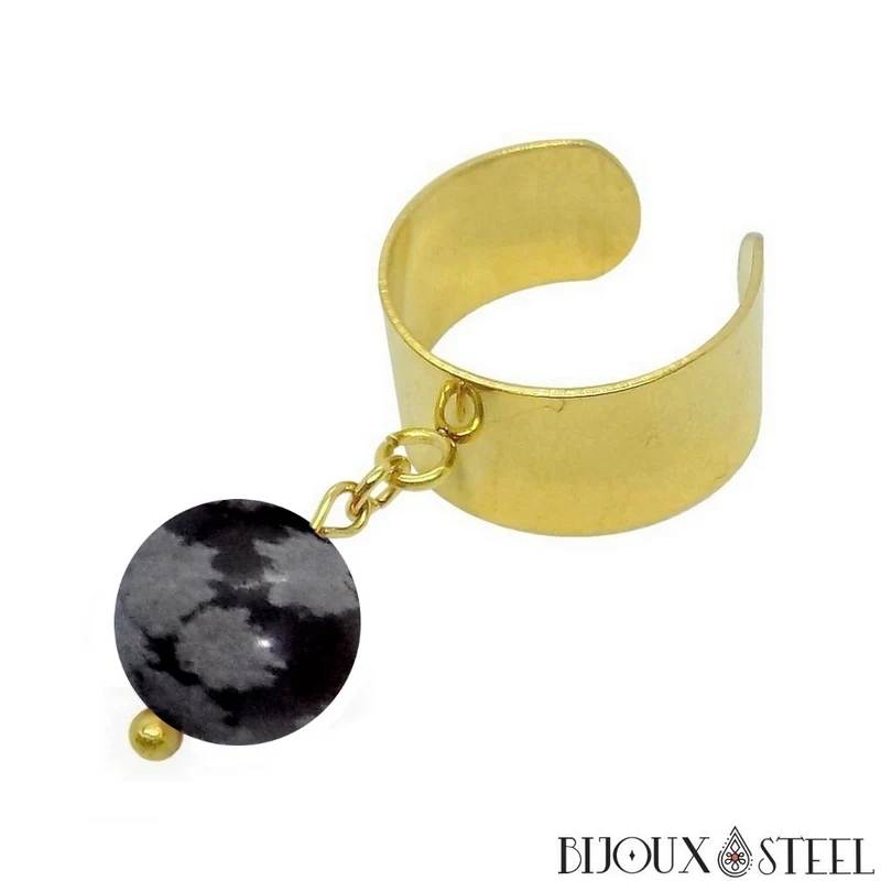 Bague large ajustable à perle d'obsidienne flocon de neige