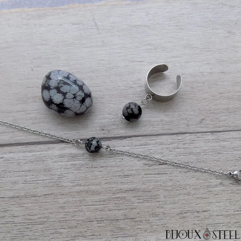 Bague large ajustable à perle d'obsidienne flocon de neige