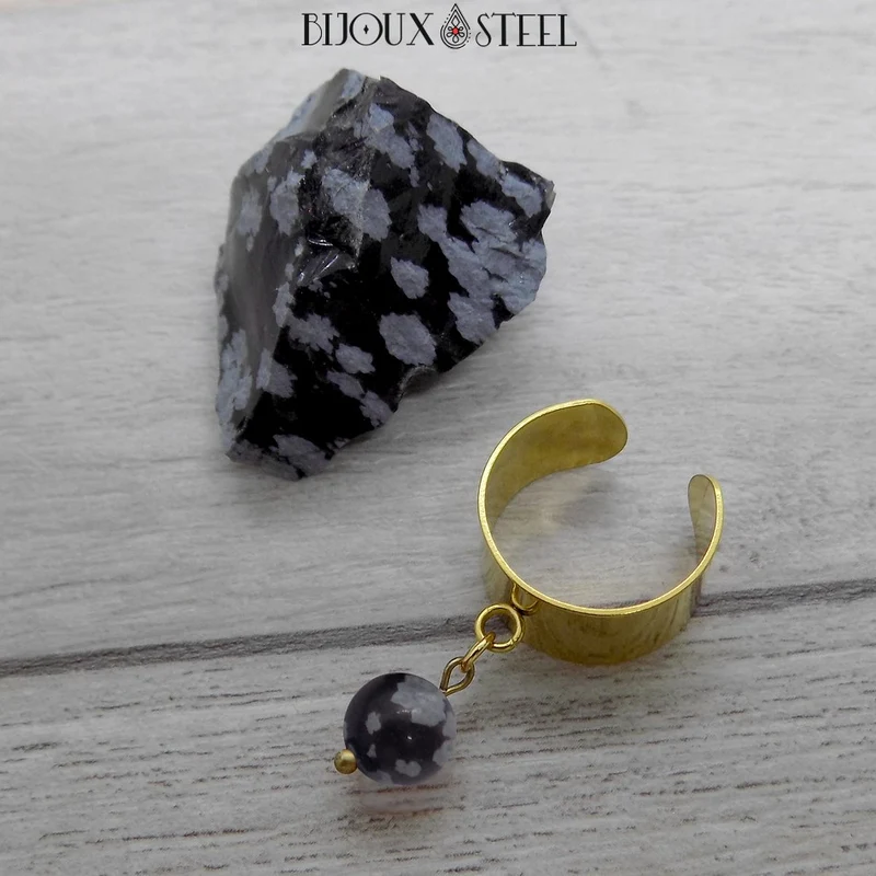 Bague large ajustable à perle d'obsidienne flocon de neige
