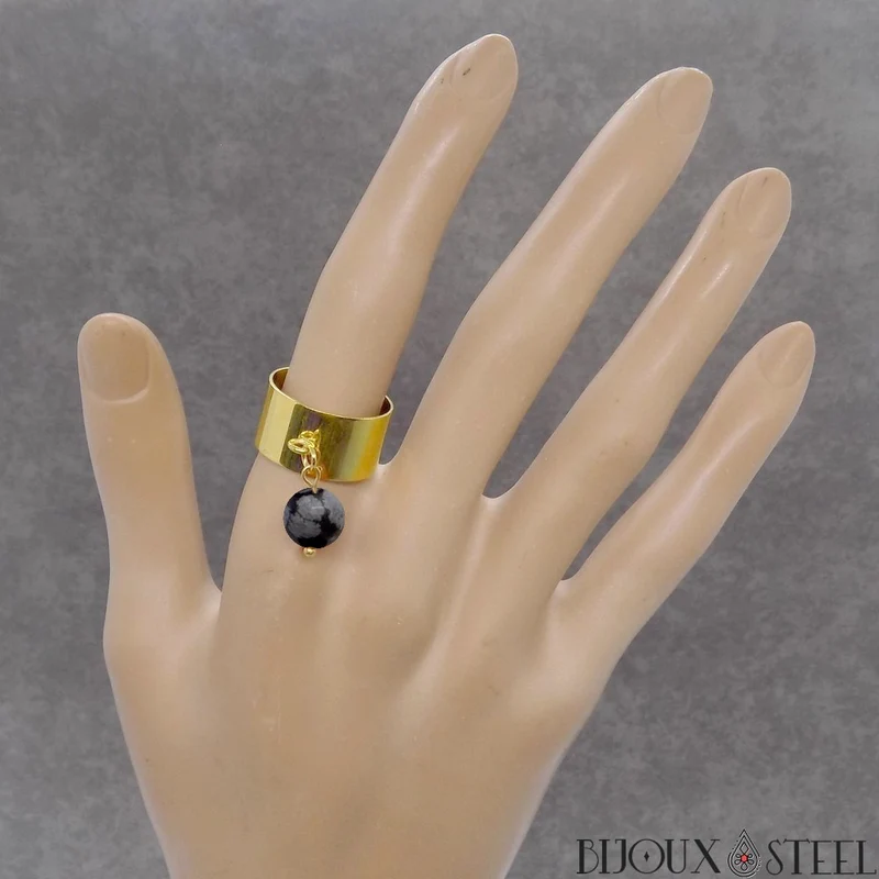 Bague large ajustable à perle d'obsidienne flocon de neige