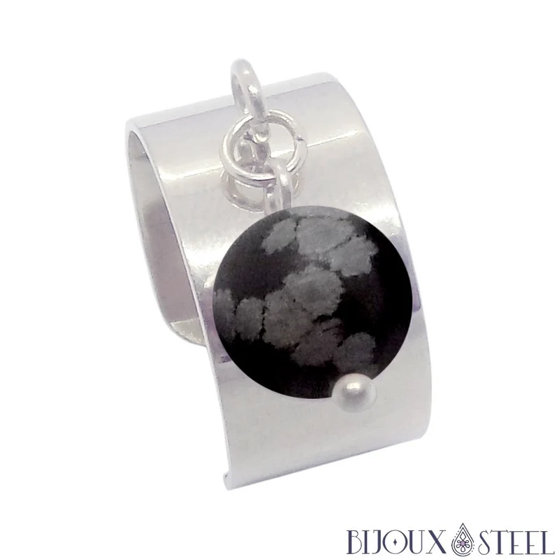 Bague large ajustable à perle d'obsidienne flocon de neige