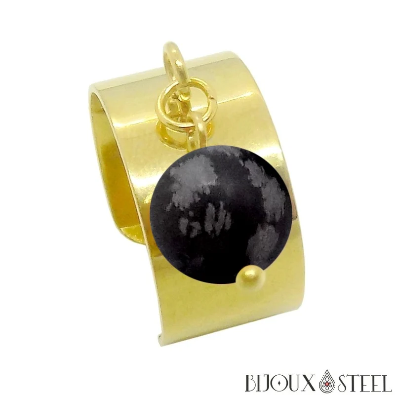Bague large ajustable à perle d'obsidienne flocon de neige