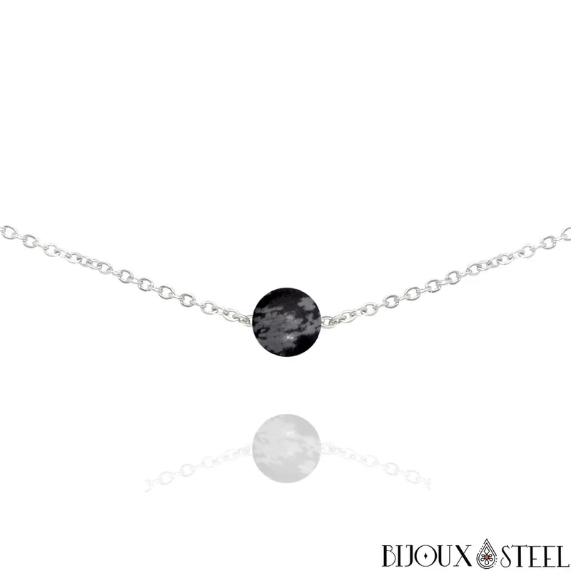 Collier à perle d'obsidienne flocon de neige en acier inoxydable