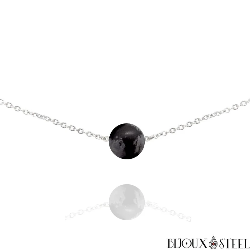 Collier à perle d'obsidienne flocon de neige en acier inoxydable