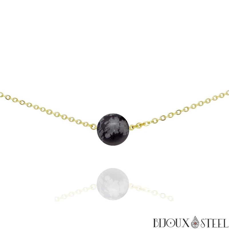 Collier à perle d'obsidienne flocon de neige en acier inoxydable