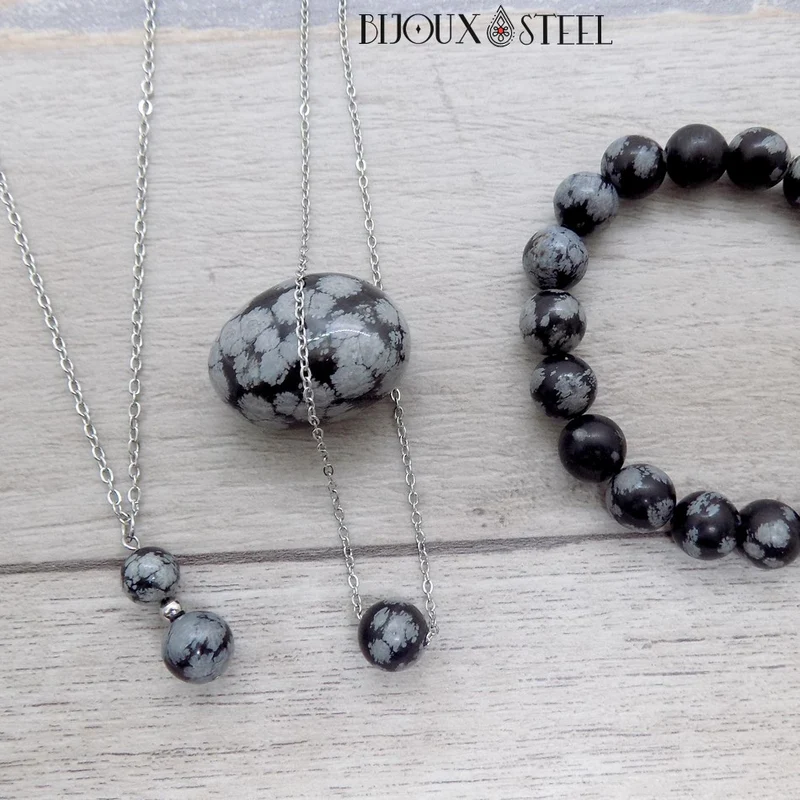 Collier à perle d'obsidienne flocon de neige en acier inoxydable