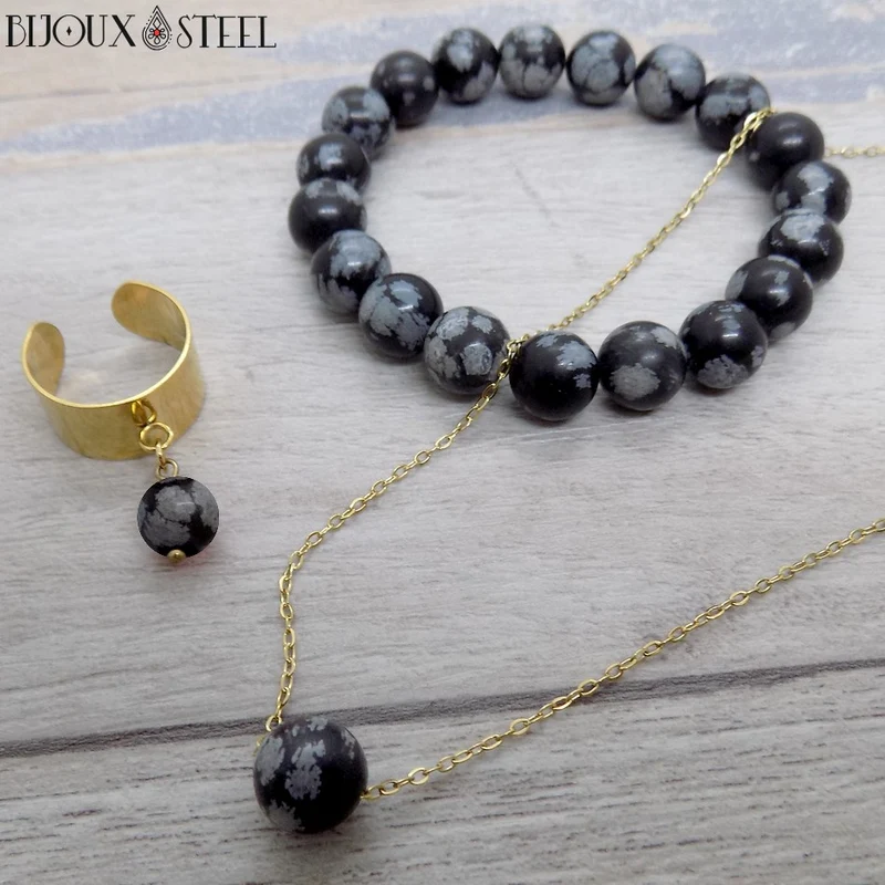 Collier à perle d'obsidienne flocon de neige en acier inoxydable