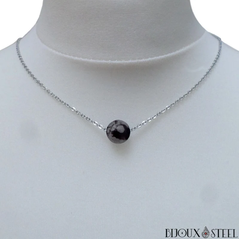 Collier à perle d'obsidienne flocon de neige en acier inoxydable