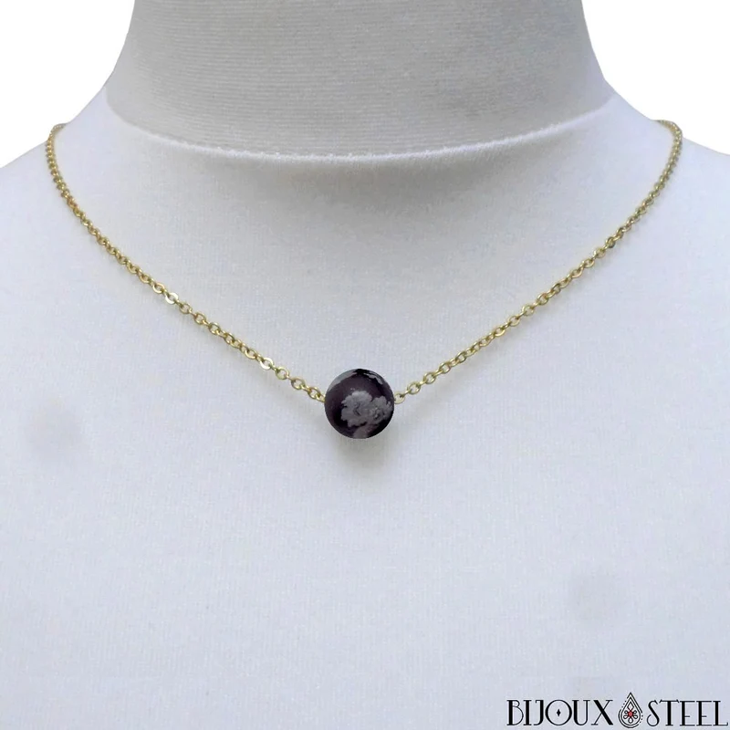 Collier à perle d'obsidienne flocon de neige en acier inoxydable