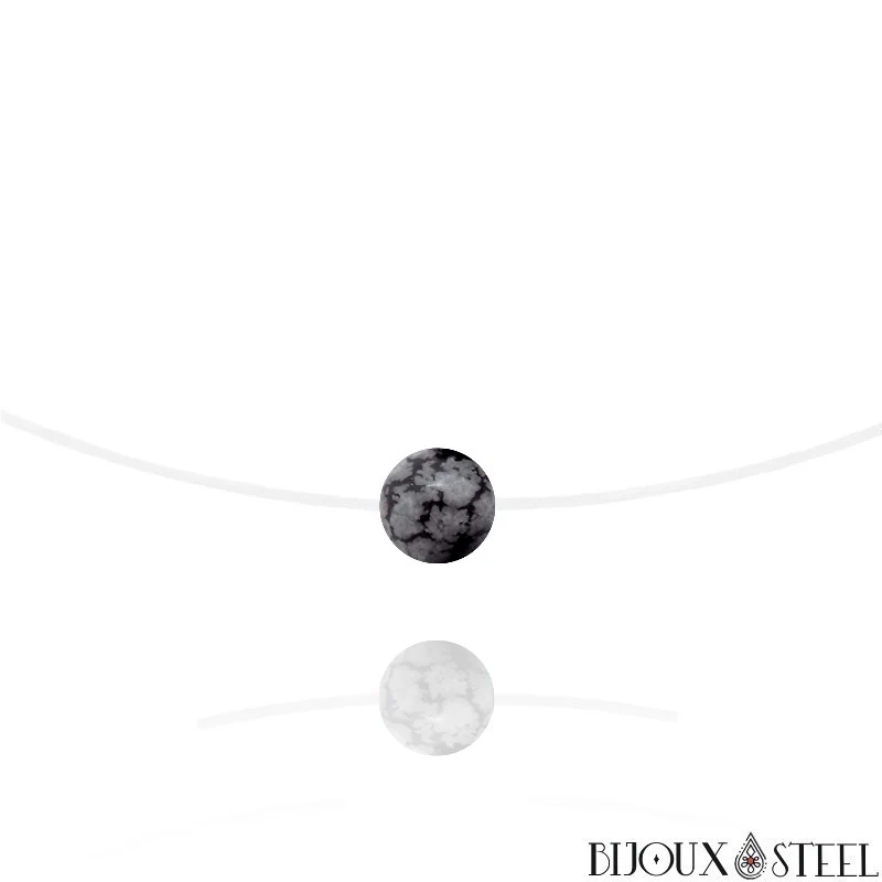 Collier à perle d'obsidienne flocon de neige sur fil de nylon